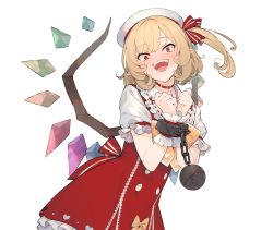 Rule 34 | 1girl, adapted costume, ball and chain restraint, blonde hair, bound, bound wrists, bow, bowtie, choker, crazy smile, crystal, cuffs, dress, dress bow, eho (icbm), fangs, fingernails, flandre scarlet, hat, head tilt, highres, long fingernails, looking at viewer, medium hair, open mouth, orange eyes, pointy ears, red choker, red dress, ribbon trim, shirt, short sleeves, side ponytail, simple background, sleeveless, sleeveless dress, smile, solo, touhou, white background, white hat, white shirt, wide-eyed, wings, wrist cuffs, yellow bow, yellow bowtie