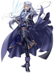 Rule 34 | 1boy, ascot, black cape, black gloves, black pants, boanel zebudai, boots, cape, claws, dairoku ryouhei, dark skin, full body, fuuryun (tw), gauntlets, gloves, gold trim, grey ascot, grey hair, long hair, long sleeves, looking at viewer, male focus, pants, purple cape, red eyes, solo, standing, transparent background