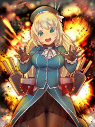 Rule 34 | 10s, 1girl, atago (kancolle), beret, black gloves, black pantyhose, blonde hair, breasts, cannon, explosion, gloves, green eyes, hat, highres, jacket, kantai collection, large breasts, long hair, military, military jacket, military uniform, open mouth, pantyhose, personification, skirt, smile, solo, turret, uniform, ushihashiru