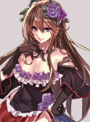 Rule 34 | 10s, 1girl, aosaki yukina, bad id, bad twitter id, black gloves, breasts, brown hair, choker, cleavage, detached sleeves, dress, flower, gloves, granblue fantasy, grey background, hair between eyes, hair flower, hair ornament, hand on own hip, large breasts, long hair, rosetta (granblue fantasy), sidelocks, simple background, smile, solo, thorns