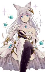Rule 34 | 10s, 1girl, animal ears, aqua rose, asymmetrical clothes, asymmetrical legwear, bare shoulders, black thighhighs, blue eyes, blunt bangs, breasts, cat ears, cleavage, closed mouth, detached collar, diamond (shape), dress, elbow gloves, erune, feathers, flower, gem, gloves, granblue fantasy, hair ornament, highres, korwa, legs together, long hair, looking at viewer, medium breasts, pearl (gemstone), rose, showgirl skirt, silver hair, simple background, sitting, smile, solo, sparkle, thighhighs, uneven legwear, white background, white gloves, white thighhighs, yuki shimono, zettai ryouiki