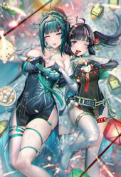 Rule 34 | 2girls, ahoge, black hair, breasts, chinese clothes, cleavage, dress, food in mouth, for-miku, green dress, green hair, hair ornament, hanying (punishing: gray raven), highres, large breasts, long hair, mechanical arms, mechanical legs, multiple girls, one eye closed, open mouth, pulao (punishing: gray raven), punishing: gray raven, purple eyes, red eyes, side ponytail, single mechanical leg, thighhighs, tongue, tongue out