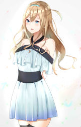 Rule 34 | 1girl, absurdres, belt, black belt, blonde hair, blue eyes, blush, collarbone, dress, girls&#039; frontline, hairband, highres, light blue dress, long hair, looking at viewer, open mouth, sellf, simple background, solo, suomi (girls&#039; frontline), tight clothes