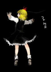 Rule 34 | 1girl, black background, blonde hair, from behind, hair ribbon, looking back, monrooru, outstretched arms, red eyes, ribbon, rumia, simple background, solo, touhou