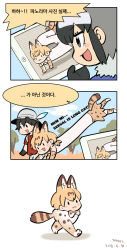 Rule 34 | 10s, 3girls, 3koma, :3, :d, animal ears, black gloves, bow, bowtie, chibi, comic, commentary request, common raccoon (kemono friends), dated, extra ears, fur collar, gloves, grey hat, hat, hat feather, helmet, kaban (kemono friends), kemono friends, korean commentary, korean text, longcat (meme), meme, multicolored hair, multiple girls, open mouth, orange neckwear, parody, pith helmet, roonhee, serval (kemono friends), serval print, serval tail, short hair, sideways mouth, signature, smile, tail, translation request, two-tone hair, walking
