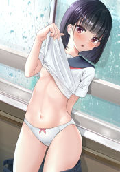 Rule 34 | 1girl, arm behind back, black hair, blush, breasts, clothes lift, eyelashes, gluteal fold, groin, highres, indoors, iwanishi, lifted by self, looking at viewer, medium breasts, medium hair, navel, no bra, open mouth, original, panties, rain, red eyes, ribbon, school uniform, solo, thighs, underwear, undressing, water drop, white panties, window