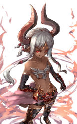 Rule 34 | 10s, 1girl, absurdres, armor, armored boots, boots, breasts, dark-skinned female, dark skin, from above, gandagouza, gauntlets, genderswap, genderswap (mtf), granblue fantasy, greaves, grin, hand on own hip, highres, horns, kumonji aruto, looking at viewer, pointy ears, red eyes, short hair with long locks, simple background, small breasts, smile, solo, teeth, underboob, white background, white hair