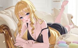 Rule 34 | 1girl, absurdres, alternate costume, barefoot, black dress, blonde hair, blue eyes, blush, breasts, cleavage, commentary, couch, dress, drill hair, drill sidelocks, food, full body, genshin impact, highres, indoors, jumonji, lampshade, large breasts, long hair, looking at viewer, lying, macaron, navia (genshin impact), on couch, on stomach, open mouth, paid reward available, petals, sidelocks, sleeveless, sleeveless dress, smile, soles, solo, strap slip, twin drills