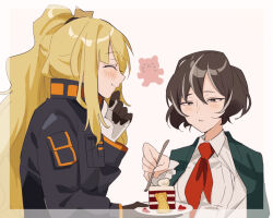 Rule 34 | 2girls, black eyes, black hair, black jacket, blonde hair, blush, cake, ezra (project moon), food, fork, highres, holding, holding fork, jacket, long hair, moses (project moon), mu46016419, multicolored hair, multiple girls, neckerchief, parted lips, plate, project moon, red neckerchief, shirt, short hair, simple background, streaked hair, the distortion detective, very long hair, white background, white hair, white shirt