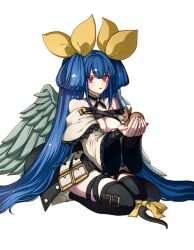 Rule 34 | angel wings, animal, animal ears, asymmetrical wings, bare shoulders, belt, black thighhighs, blue hair, breasts, carrying, cleavage, cleavage cutout, clothing cutout, detached collar, detached sleeves, dizzy (guilty gear), ebi pri shrimp, guilty gear, guilty gear xrd, hair between eyes, hair ribbon, hair rings, holding, holding animal, large breasts, long hair, looking at viewer, monster girl, open mouth, red eyes, ribbon, seiza, showgirl skirt, sidelocks, simple background, sitting, skirt, squirrel, squirrel ears, squirrel tail, tail, tail ornament, tail ribbon, thigh strap, thighhighs, thighs, twintails, very long hair, white background, wide sleeves, wings, yellow ribbon