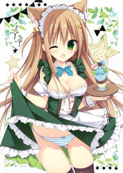 Rule 34 | 1girl, ;d, animal ears, apron, bad id, bad pixiv id, black thighhighs, blush, bow, bow panties, breasts, cat ears, cleavage, commentary request, detached sleeves, dress, english text, frilled apron, frills, gluteal fold, green dress, green eyes, hair between eyes, hair ornament, hairclip, izuminanase, lifting own clothes, light brown hair, long hair, looking at viewer, maid, maid headdress, medium breasts, one eye closed, open mouth, original, panties, parfait, plate, puffy short sleeves, puffy sleeves, short sleeves, sleeveless, sleeveless dress, smile, solo, star (symbol), star hair ornament, striped clothes, striped panties, thighhighs, underwear, very long hair, waist apron, white apron