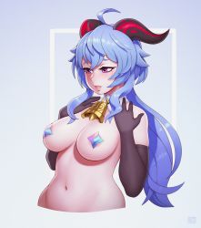 Rule 34 | 1girl, absurdres, areola slip, bell, black gloves, blue hair, breasts, detached collar, elbow gloves, ganyu (genshin impact), genshin impact, gloves, goat girl, goat horns, highres, horns, large breasts, lips, long hair, medium breasts, neckwear request, pasties, plump, primogem, purple eyes, riz, solo, star (symbol), upper body