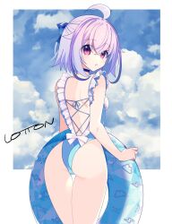 Rule 34 | 1girl, ahoge, antenna hair, ass, azure striker gunvolt, blue bow, bow, breasts, cameltoe, frills, hair bow, highres, joule (gunvolt), lololotton, looking at viewer, looking back, one-piece swimsuit, purple hair, red eyes, small breasts, swim ring, swimsuit, thighs
