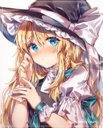 Rule 34 | 1girl, absurdres, alternate eye color, ayatsuki sugure, blonde hair, blue eyes, blue ribbon, blush, closed mouth, commentary, embarrassed, framed, frilled cuffs, frilled hat, frills, furrowed brow, hair between eyes, hand on own wrist, hat, hat ribbon, highres, kirisame marisa, long hair, nose blush, puffy short sleeves, puffy sleeves, ribbon, short sleeves, simple background, solo, sweat, touhou, twitter username, upper body, white background, white sleeves, witch hat