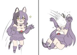 Rule 34 | 1girl, animal ears, animal hands, black hair, cat ears, cat tail, cheshire cat (monster girl encyclopedia), chibi, claws, commentary, english commentary, grin, hair between eyes, in the face, long hair, monster girl, monster girl encyclopedia, multicolored hair, nav (itsnav), parody, photo-referenced, purple hair, simple background, smile, snowball, sparkle, striped tail, tail, two-tone hair, very long hair, white background, yellow eyes