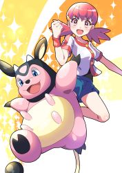 Rule 34 | 1girl, absurdres, blue shorts, blush, buttons, clenched hand, collarbone, commentary request, creatures (company), eyelashes, game freak, gen 2 pokemon, gym leader, hair ornament, hairclip, highres, long hair, looking at viewer, miltank, nintendo, open mouth, pink eyes, pink hair, pokemon, pokemon (creature), pokemon hgss, pon yui, red wristband, shirt, shorts, smile, tongue, twintails, v-shaped eyebrows, whitney (pokemon), wristband
