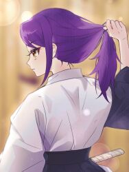 Rule 34 | 1girl, adjusting hair, arm up, blurry, blurry background, chuu0105, commentary request, from behind, hair tie, hakama, hakama skirt, highres, holding hair tie, japanese clothes, kimono, korean commentary, long hair, long sleeves, looking ahead, parted lips, pretty series, pripara, profile, purple hair, skirt, solo, toudou shion, tying hair, upper body, white kimono, yellow background, yellow eyes