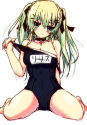 Rule 34 | 1girl, barefoot, blush, breasts, choker, cleavage, clothes pull, cross, green eyes, green hair, hair ornament, hair ribbon, hairclip, long hair, matching hair/eyes, off shoulder, one-piece swimsuit, one-piece swimsuit pull, original, pandamonium, ribbon, school swimsuit, simple background, sitting, sketch, smile, solo, strap slip, swimsuit, two side up, wariza, white background