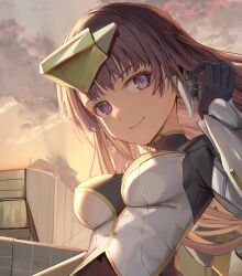Rule 34 | 1girl, alice gear aegis, black gloves, brown hair, closed mouth, commentary request, dark skin, fatima betrorum, gloves, headpiece, highres, looking at viewer, purple eyes, smile, solo, sunga2usagi, sunset