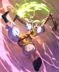 Rule 34 | 1girl, armor, arms up, baggy pants, black footwear, blonde hair, blunt bangs, boots, commentary request, double bun, energy sword, full body, hair bun, hair ribbon, haniwa (statue), highres, holding, holding sword, holding weapon, joutouguu mayumi, jumping, lightning, looking up, open mouth, outstretched arms, pants, puffy short sleeves, puffy sleeves, purple background, ribbon, sheath, shirt, short hair, short sleeves, solo, spread arms, spread legs, sword, syope, touhou, unsheathing, vambraces, weapon, white pants, white shirt, yellow eyes