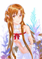 Rule 34 | 1girl, armlet, asuna (sao), bad id, bad pixiv id, bare shoulders, blurry, blurry background, blurry foreground, bow, braid, breasts, brown hair, commentary request, depth of field, elf, eyelashes, flower, highres, leaning forward, long hair, looking at viewer, medium breasts, navel, open clothes, parted bangs, plant, pointy ears, rapa rachi, red bow, see-through, shiny skin, shirt, sidelocks, signature, simple background, skindentation, smile, solo, sweat, sword art online, underboob, very long hair, white background, white shirt, yellow eyes