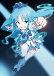 Rule 34 | 10s, 1girl, blue eyes, blue hair, blue skirt, blue theme, brooch, clenched hand, cure marine, grin, heart, heart brooch, heartcatch precure!, jewelry, kurumi erika, long hair, magical girl, matching hair/eyes, mofu (mof swimradio), precure, skirt, smile, solo, thighhighs, white thighhighs