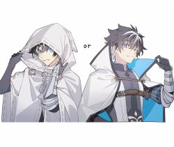 Rule 34 | 1boy, belt, black gloves, black hair, blue eyes, brown belt, cape, charlemagne (fate), chest belt, cloak, closed mouth, cropped torso, fate/grand order, fate (series), gloves, grin, highres, hood, hood up, hooded cloak, idass (idass16), looking at viewer, male focus, multicolored hair, multiple views, one eye closed, rerebrace, ribbon trim, simple background, smile, two-sided cape, two-sided fabric, two-tone hair, upper body, vest, white background, white cape, white cloak, white hair