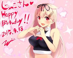 Rule 34 | 10s, 1girl, :d, adapted costume, alternate costume, bare shoulders, blonde hair, blush, breasts, commentary, dated, fang, hair flaps, hair ornament, hair ribbon, hairclip, happy birthday, heart, heart hands, kantai collection, long hair, looking at viewer, md5 mismatch, midriff, open mouth, red eyes, resized, ribbon, simple background, smile, solo, tebi (tbd11), upper body, yuudachi (kancolle)