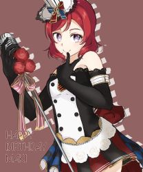 Rule 34 | 1girl, artist name, artist request, back bow, bare shoulders, black gloves, blush, bow, breasts, cafe maid (love live!), checkered clothes, checkered skirt, collarbone, collared dress, dress, elbow gloves, female focus, flower, gloves, hair between eyes, hat, highres, holding, holding microphone stand, looking at viewer, love live!, love live! school idol festival, love live! school idol project, microphone stand, mini hat, moli (pixiv23435662), musical note, necktie, nishikino maki, off-shoulder dress, off shoulder, parted lips, purple eyes, red bow, red flower, red hair, red necktie, rose, short hair, short necktie, skirt, small breasts, smile, solo, striped, striped necktie