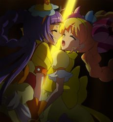 Rule 34 | 2girls, asahina mirai, blonde hair, closed eyes, cure magical, cure magical (topaz style), cure miracle, cure miracle (topaz style), dress, earrings, female focus, haruyama kazunori, hat, imminent kiss, izayoi liko, jewelry, long hair, magical girl, mahou girls precure!, mini hat, mini witch hat, multiple girls, open mouth, precure, puffy sleeves, purple hair, topaz style, witch hat, yuri