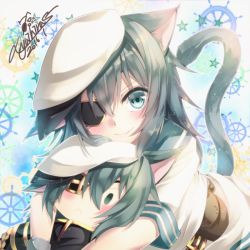 Rule 34 | &gt;:&lt;, 10s, 1girl, :&lt;, animal ears, armor, bad id, bad pixiv id, bag, blush, cape, cat ears, cat tail, character doll, closed mouth, eyepatch, green eyes, green hair, hair between eyes, hat, kantai collection, kemonomimi mode, kiso (kancolle), kiso kai ni (kancolle), looking at viewer, hugging object, pauldrons, sailor hat, school uniform, serafuku, short hair, shoulder armor, signature, smile, solo, tail, v-shaped eyebrows, yuihira asu