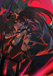 Rule 34 | 1girl, absurdres, animal ears, arknights, black gloves, black hair, black skirt, blaze (arknights), blue eyes, cat ears, chainsaw, gloves, highres, holding, holding weapon, long hair, looking to the side, red background, shirt, skirt, sleeves rolled up, solo, tongue, tongue out, very long hair, weapon, white shirt, zhiyan li