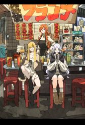 Rule 34 | 3girls, :t, apron, aqua eyes, black apron, black footwear, black jacket, blonde hair, boots, bowl stack, braid, braided ponytail, bucket, contemporary, cooking pot, cup, eating, ehoumaki, elf, flamme (sousou no frieren), food, food on face, food stand, frieren, green eyes, grey shorts, grey socks, grin, hair down, hand on own hip, hand up, hands up, highres, holding, holding food, jacket, jacket on shoulders, jewelry, knee up, letterboxed, long hair, long sleeves, looking at viewer, makizushi, multiple girls, napkin, necklace, orange hair, parted bangs, pendant, pointy ears, puffy long sleeves, puffy sleeves, serie (sousou no frieren), setsubun, shirt, shorts, sidelocks, sideways glance, single braid, sitting, smile, socks, sousou no frieren, standing, stool, sushi, sweater, swept bangs, takeuchi ryousuke, turtleneck, turtleneck sweater, very long hair, white hair, white shirt, yellow eyes