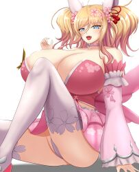 Rule 34 | 1girl, action taimanin, alternate costume, artist request, ass, blonde hair, blue eyes, blush, breasts, dress, highres, huge breasts, long hair, official alternate costume, onizaki kirara, open mouth, short dress, sitting, smile, solo, taimanin (series), taimanin rpgx, twintails
