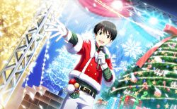 Rule 34 | 1boy, belt, black eyes, black hair, candy, candy cane, christmas ornaments, christmas tree, food, fuyumi jun, gift, gloves, highres, holding, holding microphone stand, idolmaster, idolmaster side-m, idolmaster side-m live on stage!, looking at viewer, male focus, microphone stand, official alternate costume, official art, open mouth, smile, star (symbol), teeth, upper teeth only, white gloves