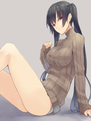Rule 34 | 1girl, breasts, large breasts, legs, original, prime, red eyes, ribbed sweater, sleeves past wrists, solo, sweater, twintails