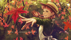 Rule 34 | 1girl, anne of green gables, anne shirley, autumn, braid, hat, highres, leaf, maple leaf, outstretched arms, red hair, smile, socha (pixiv99744), solo, twin braids, world masterpiece theater