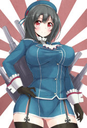 Rule 34 | &gt;:), 10s, 1girl, avy417, bad id, bad pixiv id, beret, black hair, breasts, cannon, garter straps, hand on own hip, hat, kantai collection, large breasts, looking at viewer, red eyes, skirt, smirk, solo, takao (kancolle), v-shaped eyebrows