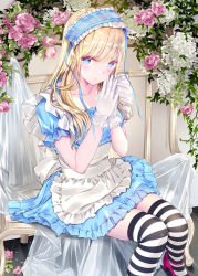 Rule 34 | 1girl, alice (alice in wonderland), apron, blonde hair, blue dress, blue eyes, blue headband, dress, flower, frilled apron, frilled dress, frills, gloves, headband, highres, kobayashi chisato, lace, lace gloves, looking at viewer, open mouth, original, pink footwear, solo, striped clothes, striped thighhighs, thighhighs, white gloves