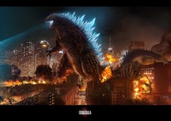 Rule 34 | atomic breath, breath weapon, city, cityscape, claws, energy, energy beam, fire, glowing, glowing mouth, glowing spikes, godzilla, godzilla (2014), godzilla (series), highres, kaijuu, legendary pictures, letterboxed, monster, monsterverse, mouth beam, night, no humans, plasma, redesign, solo, spikes, toho, zhen lu