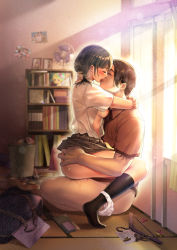 Rule 34 | 1boy, 1girl, absurdres, age difference, arms around neck, ass grab, book, bookshelf, bra, breasts, brown hair, chi muo, closed eyes, clothed sex, clothes lift, curtains, electric fan, feet, french kiss, grabbing, grabbing another&#039;s ass, hand on another&#039;s head, hetero, highres, hug, huge filesize, indoors, kiss, medium breasts, nipples, open mouth, original, panties, panties around leg, panty pull, paper, photo (object), pleated skirt, pussy juice, school uniform, see-through, sex, short sleeves, sideboob, sitting, sitting on lap, sitting on person, skirt, skirt lift, socks, sunlight, sunset, tattoo, tongue, tongue out, trash can, unbuttoned, underwear, vaginal, white panties, window
