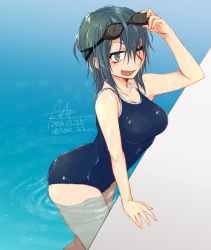 Rule 34 | 1girl, bad id, bad pixiv id, blue hair, breasts, brown eyes, cleavage, collarbone, dated, fang, goggles, goggles on head, kantai collection, looking at viewer, medium breasts, nmz (namazu), no eyepatch, one-piece swimsuit, one eye closed, open mouth, partially submerged, pool, scar, scar across eye, scar on face, short hair, signature, smile, solo, standing, swimsuit, tenryuu (kancolle), twitter username, wet