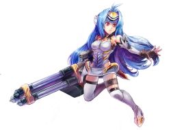 Rule 34 | 1girl, abysswolf, android, bare shoulders, blue hair, breasts, commentary, cyborg, elbow gloves, expressionless, forehead protector, gloves, highleg, highres, kos-mos, leotard, long hair, red eyes, solo, standing, swimsuit, thighhighs, very long hair, xenosaga, xenosaga episode i