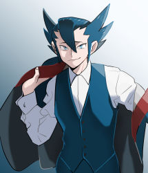 Rule 34 | 1boy, absurdres, black jacket, blue eyes, blue pants, blue vest, buttons, closed mouth, collared shirt, commentary request, creatures (company), dressing, elite four, game freak, gradient background, grimsley (pokemon), hair between eyes, hand up, highres, holding, holding clothes, holding jacket, jacket, long sleeves, looking at viewer, male focus, nintendo, pants, pokemon, pokemon bw, raised eyebrows, shirt, short hair, smile, spiked hair, usarinko, vest, white shirt