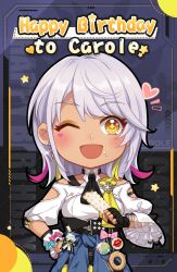 Rule 34 | 1girl, :d, black gloves, blue jacket, carole peppers, character name, clothes around waist, dark-skinned female, dark skin, fingerless gloves, food, food on face, gloves, happy birthday, heart, highres, holding, holding food, honkai (series), honkai impact 3rd, jacket, jacket around waist, long sleeves, looking at viewer, official art, one eye closed, open mouth, pin, shirt, single glove, smile, solo, upper body, white hair, white shirt, yellow eyes