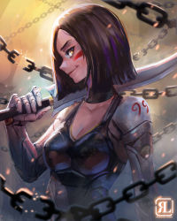 Rule 34 | 1girl, absurdres, alita, alita: battle angel, battle angel alita, black choker, black hair, bob cut, breasts, broken, broken chain, brown eyes, chain, chain, choker, cleavage, commentary, cyborg, english commentary, facepaint, highres, joints, mechanical arms, medium breasts, nose, over shoulder, photoshop (medium), reagan long, robot joints, short hair, short sword, skin tight, smirk, solo, sword, sword over shoulder, weapon, weapon over shoulder