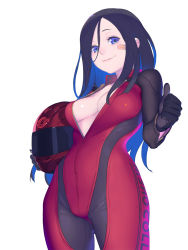 Rule 34 | 1girl, bandaid, bandaid on face, biker clothes, bikesuit, black hair, blue eyes, blue hair, blush, bodysuit, breasts, center opening, cleavage, colored inner hair, cowboy shot, enkyo yuuichirou, gloves, helmet, highres, large breasts, long hair, matching hair/eyes, motorcycle helmet, multicolored hair, no bra, original, racing suit, simple background, smile, solo, thumbs up, two-tone hair, unzipped, white background