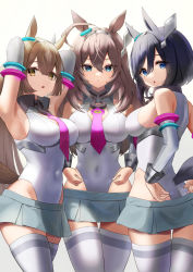 Rule 34 | 3girls, :o, absurdres, adjusting clothes, animal ears, armpits, arms behind head, arms up, ass, bare shoulders, black hair, blue eyes, breasts, brown hair, closed mouth, cosplay, covered navel, cowboy shot, detached sleeves, eishin flash (umamusume), grey hairband, grey leotard, grey skirt, grey thighhighs, hair between eyes, hairband, highres, horse ears, horse girl, horse tail, hoshinopurin, impossible clothes, impossible leotard, large breasts, leotard, long hair, long sleeves, looking at viewer, mihono bourbon (umamusume), mihono bourbon (umamusume) (cosplay), miniskirt, multiple girls, open mouth, satono diamond (umamusume), short hair, sideboob, simple background, skirt, tail, thigh gap, thighhighs, umamusume, very long hair, white background, yellow eyes, zettai ryouiki