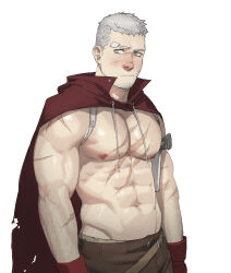 Rule 34 | 1boy, abs, absurdres, bandaid, bandaid on face, bara, bare pectorals, blush, brown pants, cape, facial hair, goatee stubble, groin, highres, holster, large pectorals, looking to the side, male focus, muscular, muscular male, navel, nipples, pants, pectorals, persona, persona 3, philipposole, red cape, sanada akihiko, scar, scar on arm, scar on chest, short hair, shoulder holster, solo, stubble, undercut, upper body, white background, white hair