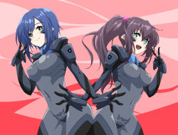 Rule 34 | blue eyes, blue hair, bodysuit, breasts, bright pupils, brown hair, covered erect nipples, covered navel, fortified suit, green eyes, hair behind ear, highres, kamon rider, kashiwagi haruko, leaning forward, long hair, looking at viewer, looking to the side, medium breasts, muv-luv, muv-luv alternative, muv-luv alternative (anime), open hand, red background, short hair, side ponytail, tsukiji tae, v, white pupils